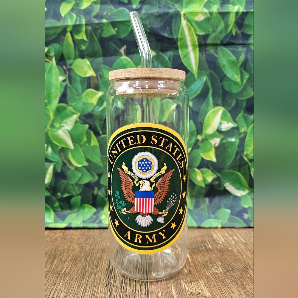United States Army Glass Tumbler with Bamboo Lid